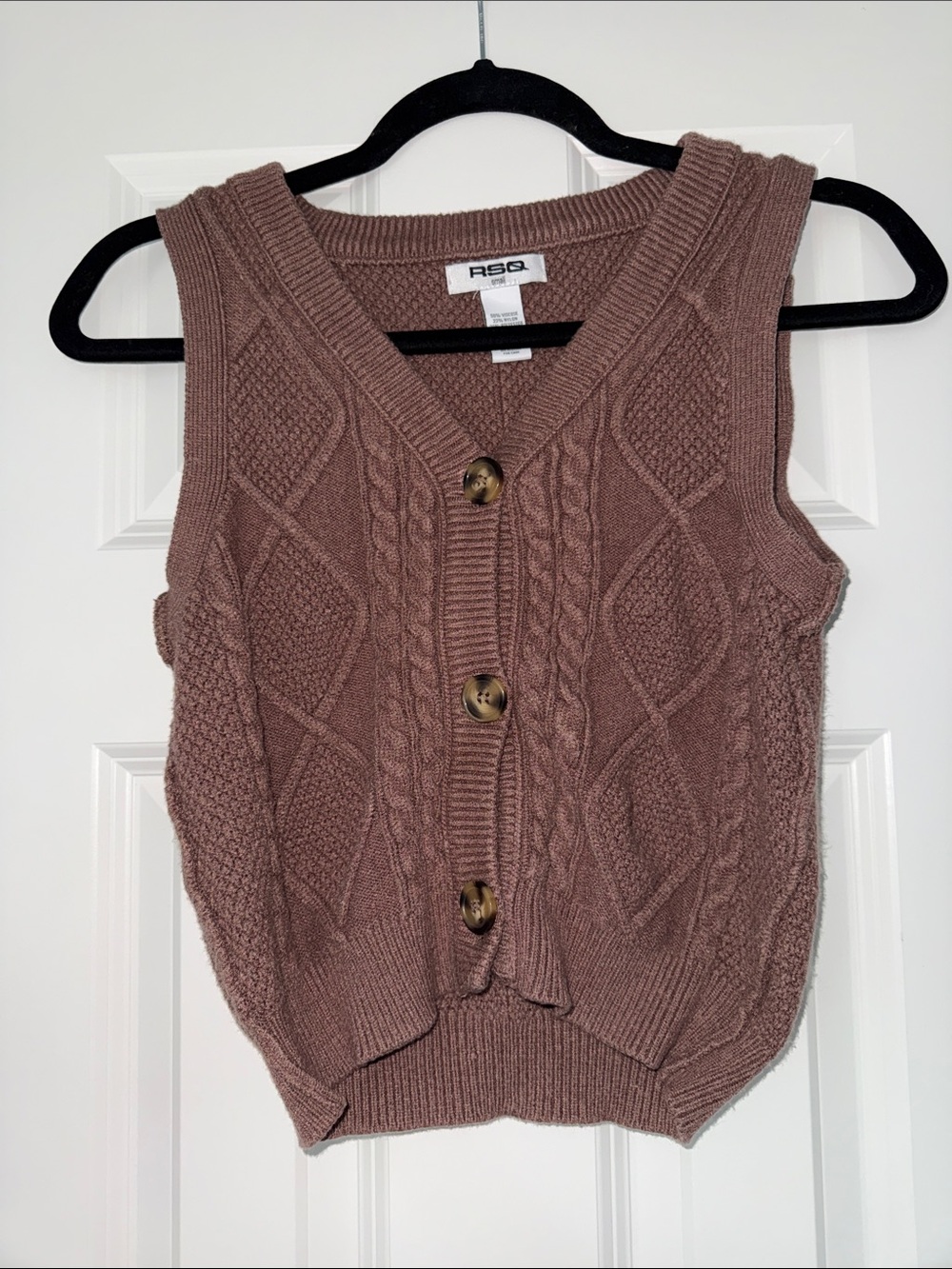 RSQ Cable Knit Button-Front Vest in Mauve Brown